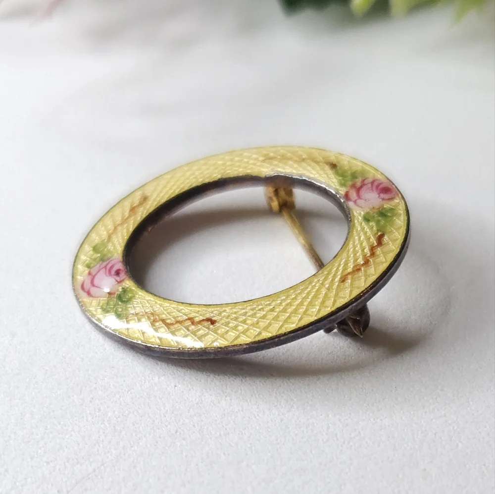 Vintage Guilloche Pink & Yellow FORGET ME NOT Rose Round Brooch